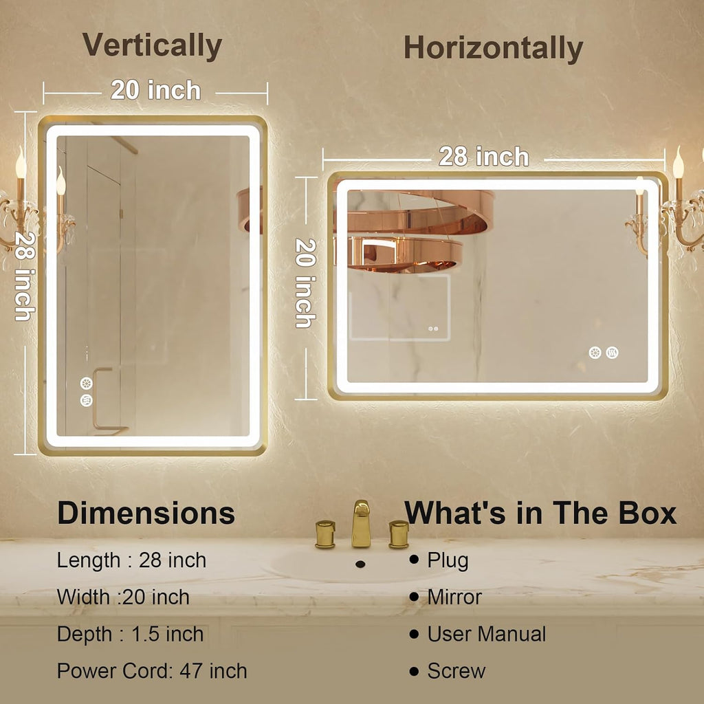 20'x 28' Gold Framed LED Mirrors for Bathroom, Wall Mounted Lighted Bathroom Vanity Mirror, Front and Backlight, Stepless Dimmable, 3 Colors, Anti-Fog, Memory, Smart Touch Button