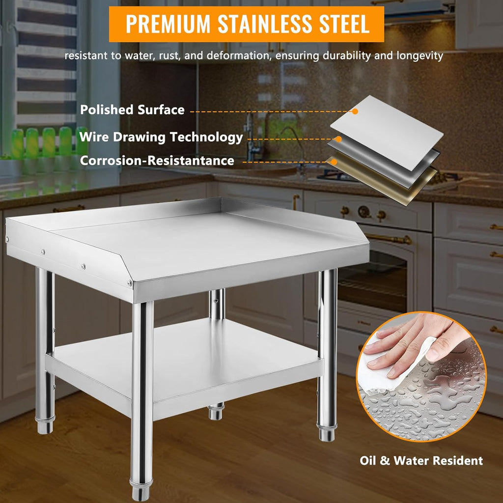 GarveeTech Stainless Steel 24x24x24 in Equipment Grill Stand Table, 1000 LBS Top Shelf, 220 LBS Bottom Shelf, Adjustable Legs, 2 in Edge Baffle, for Hotel, Home, Commercial Restaurant Kitchen