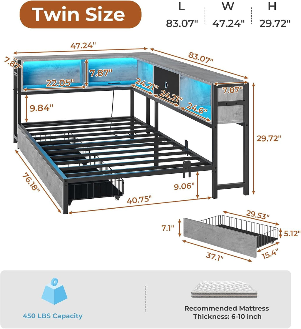 DICTAC Twin Corner Bed Frame with Bookcase Storage Headboard and 2 Drawers Twin Size Metal Platform Bed Frame with Led Lights and Charging Station,Twin Size Daybed for Kids and Teen,Oak Gray