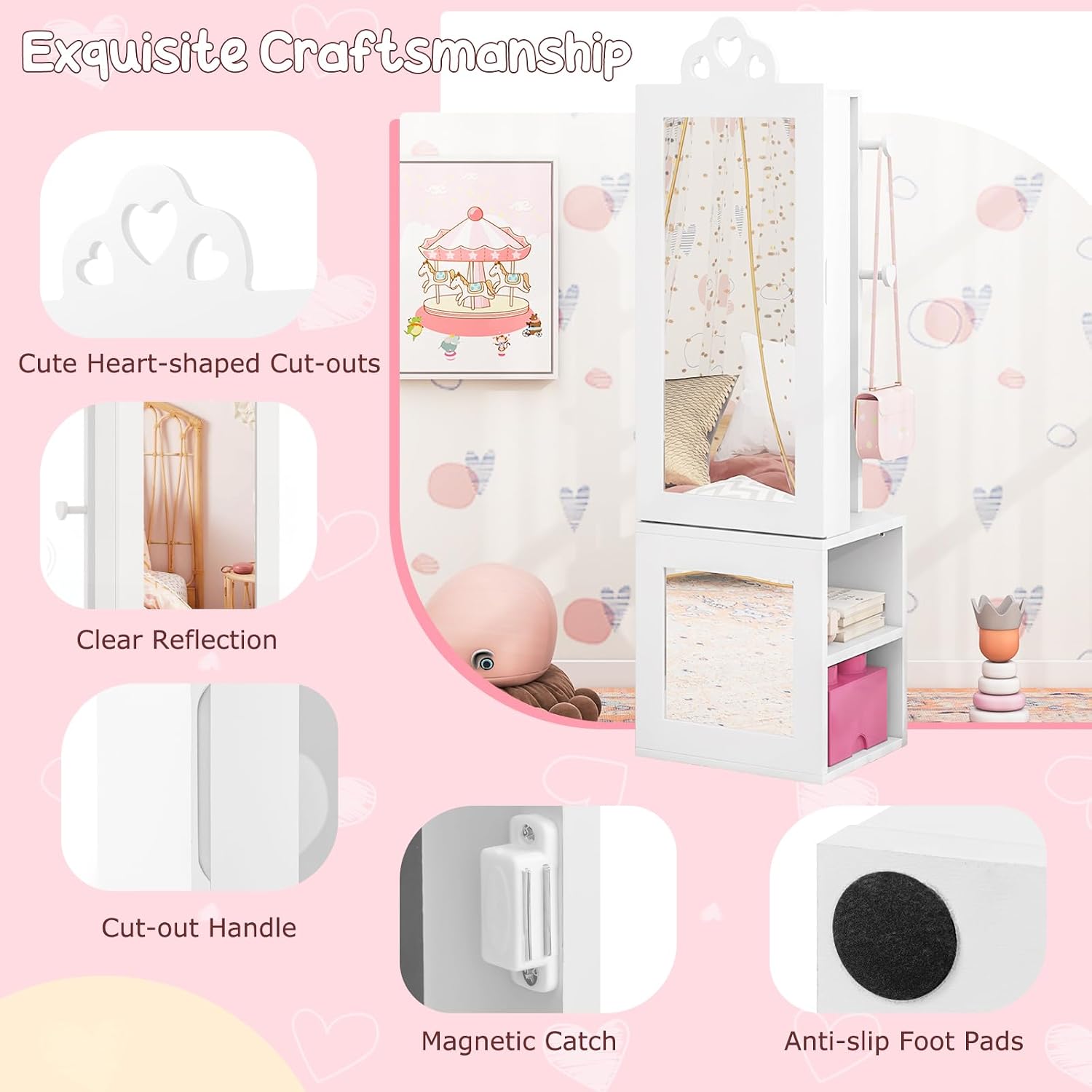 Costzon Kids Vanity & Jewelry Armoire Cabinet, Wooden Kids Vanity Table and Chair Set, Standing Jewelry Organizer with Full-Length Mirror, Large Storage, Kids Bedroom Furniture Set for Girls (White)