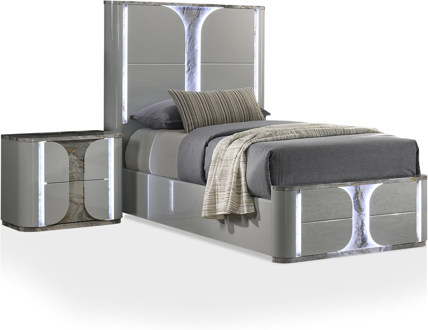 Furniture of America Bruna Modern Wood 2-Piece Bedroom Set with Touch-Control LED Bed, Felt-Lined Top Drawer and LED on Nightstand, No Box Spring Needed for Bedroom, Guest Room, Twin, Light Gray