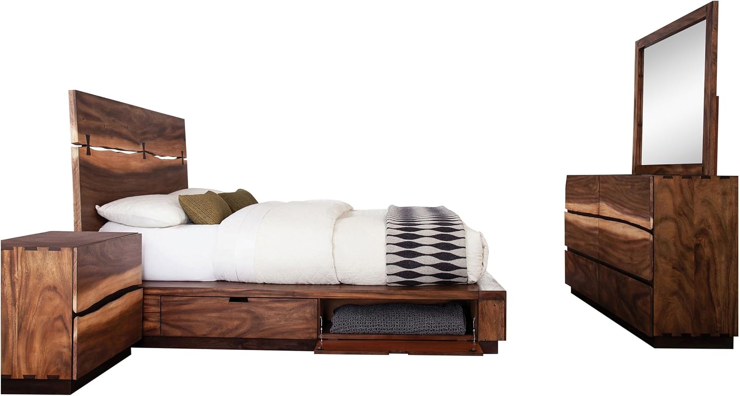 Coaster Home Furnishings Winslow Farmhouse 4-Piece Bedroom Set Live Edge Queen Size Storage Bed Frame 54-inch Headboard Smokey Walnut and Coffee Bean 223250SQ-S4