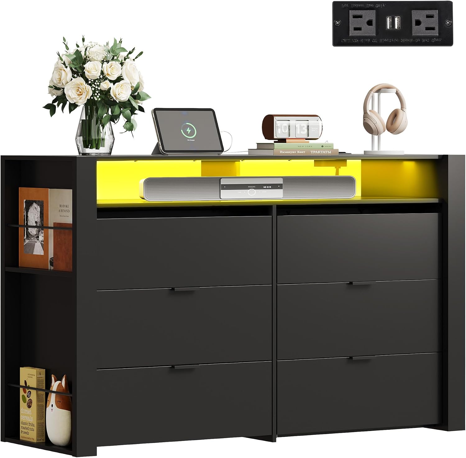 WLIVE 6 Drawer Led Dresser for Bedroom, 51' Black Wood Dresser Storage Organizer with Charging Station for 55' TV, Dressers with Open Shelves, Hanging Rack, Chest of Drawers for Closet, Living Room