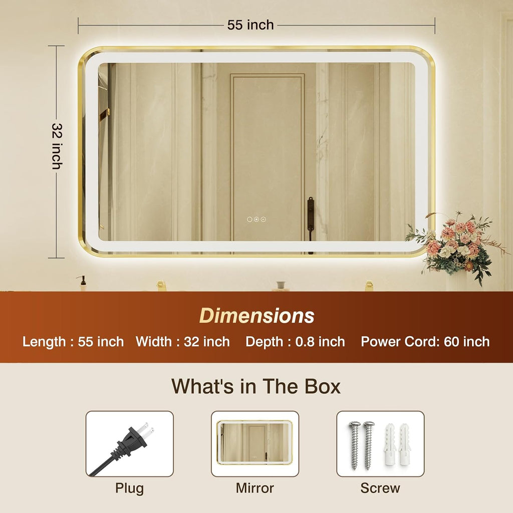 32x55 Inch LED Bathroom Mirror with Gold Frame,Front and Backlit Vanity Mirror,Tempered Glass,Stepless Dimmable Wall Mirrors with Anti-Fog, 3 Colors, Memory, Waterproof, LED Smart Bathroom Mirror