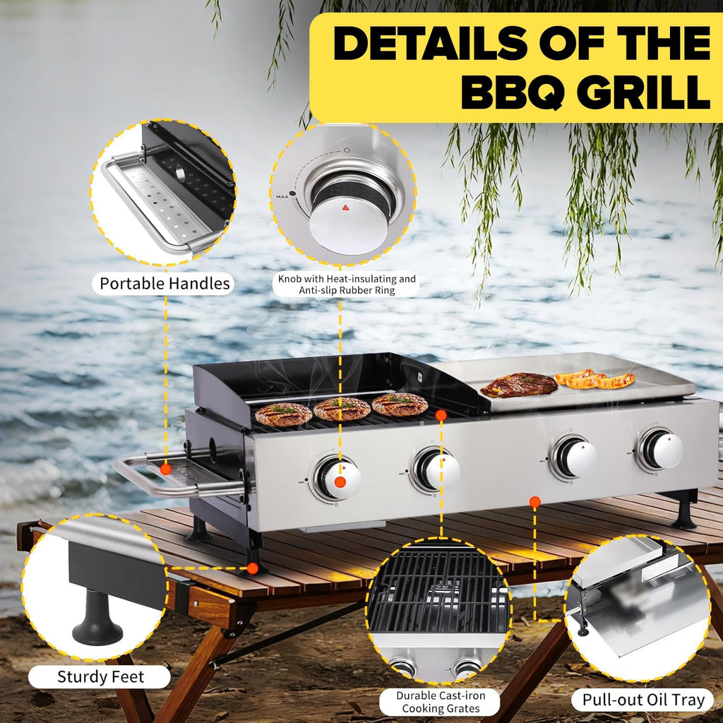 CIG GARDEN 2-Burner Propane Gas Grill & Plancha Combo, 38,200 BTU Outdoor BBQ with Cast Iron Grates - Portable Grill for Backyard, Balcony, Camping