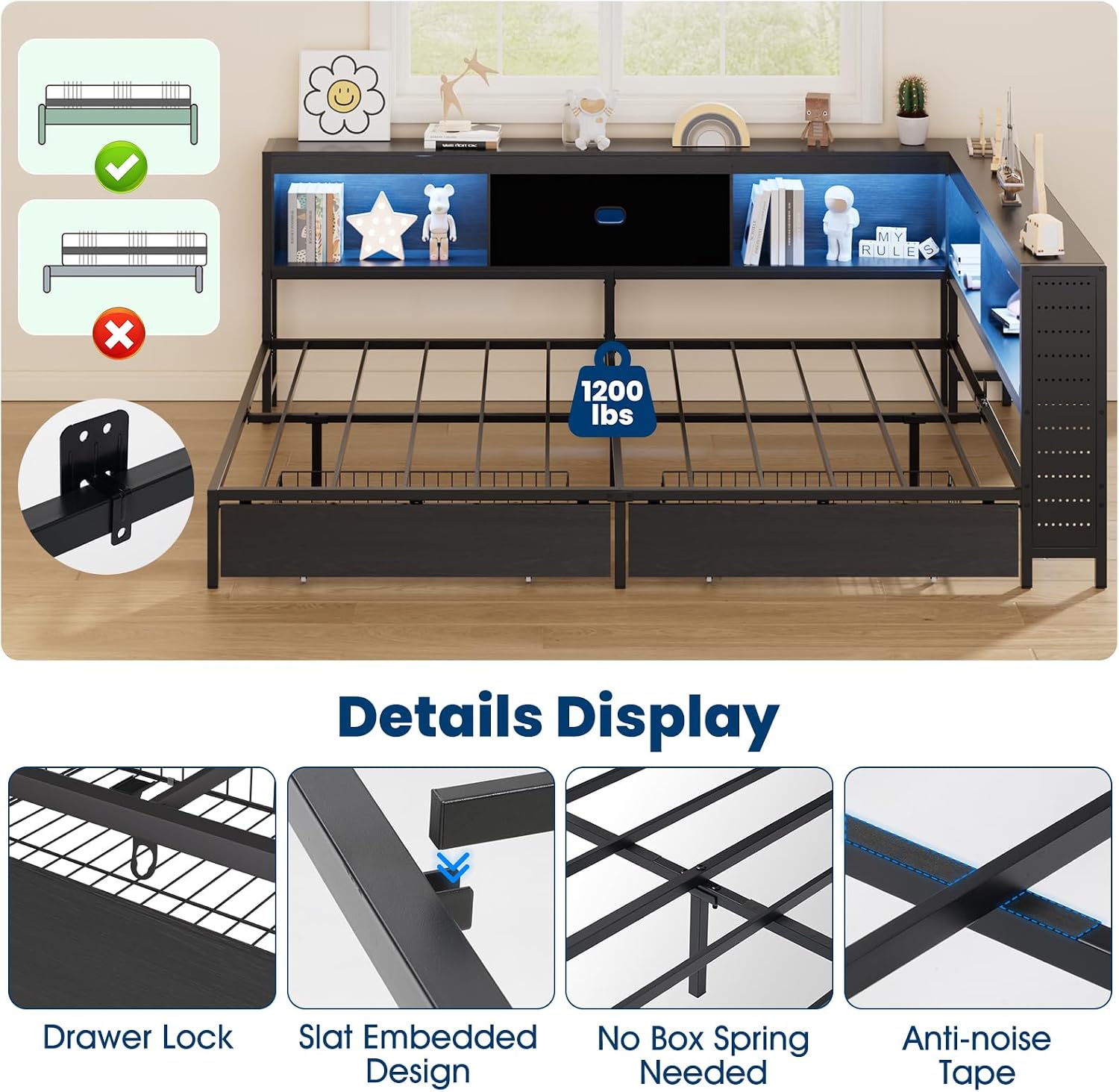 Corner Full Bed Frame with Storage Drawer & Bookcase Headboard, Full Size Metal Platform Bed Frame with Charging Station and LED Light, Full Daybed Multi-Storage for Kids Teens Guest, Black