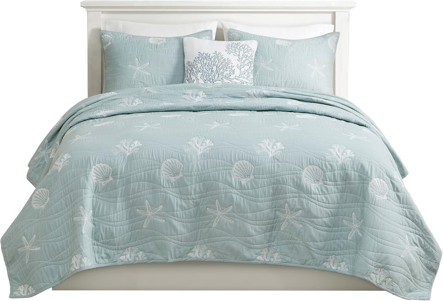 Harbor House Seaside Reversible Cotton Quilt Set Coastal Clam, Starfish, Coral Embroidery, All Season, Pre-Washed Coverlet Bedding Layer, Decorative Pillow, King/Cal King(108'x90') Seafoam 4 Piece