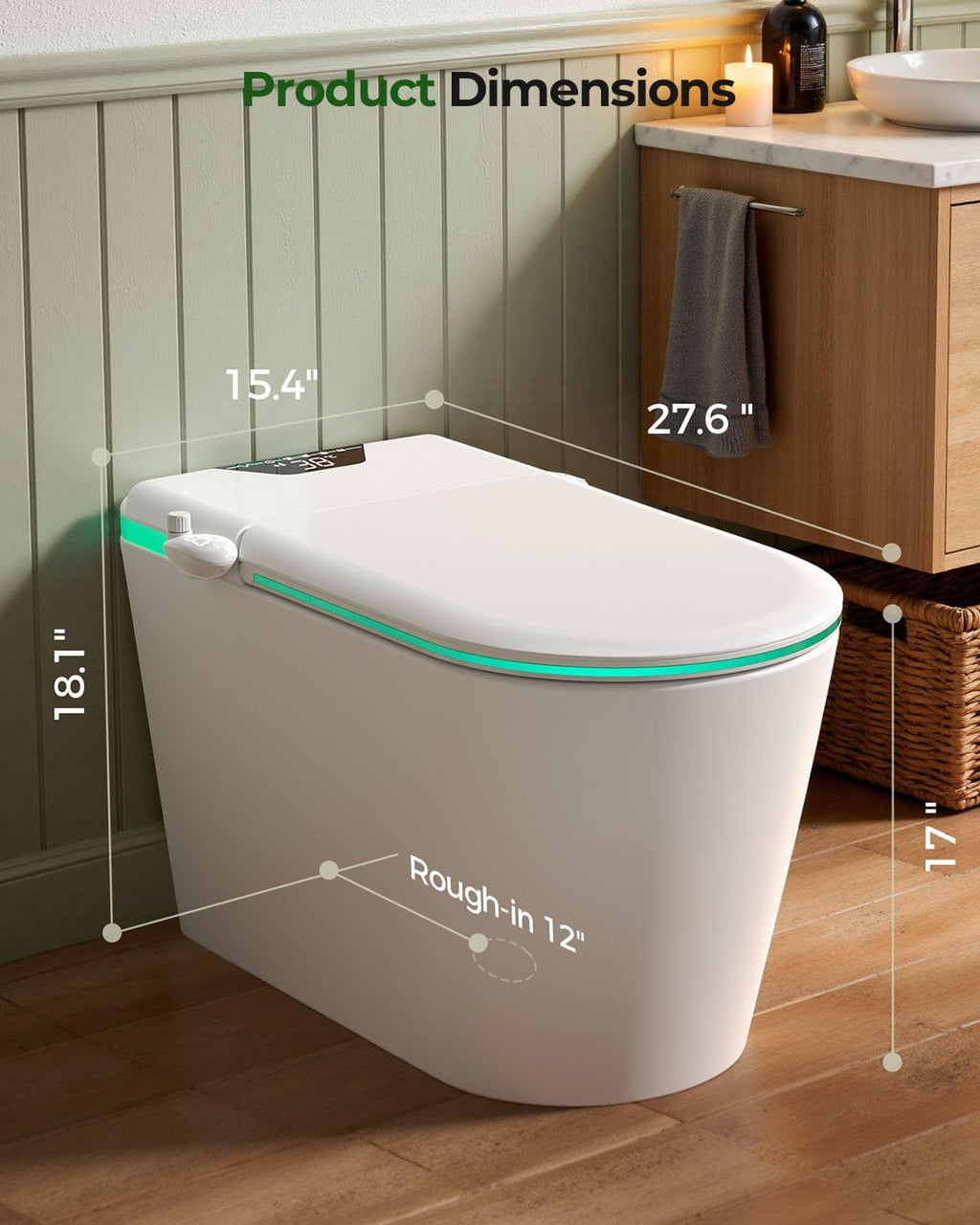 Nordic Smart Toilet with Built in, Auto Open Close Lid,Tankless One Piece Toilet, ADA Comfort Height, 1.28 GPF Auto Dual Flush, Heated Seat, Warm Air Dryer & Digital Display
