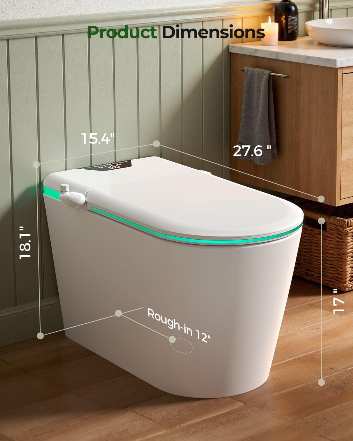 Nordic Smart Toilet with Built in, Auto Open Close Lid,Tankless One Piece Toilet, ADA Comfort Height, 1.28 GPF Auto Dual Flush, Heated Seat, Warm Air Dryer & Digital Display