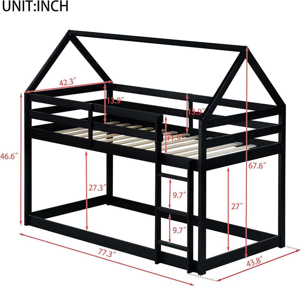 Bellemave Twin Over Twin Bunk Bed, Wooden House Bunk Bed with Ladder and Guardrail for Bedroom, Dormitory, Floor Bunk Beds with Headboard and Footboard for Kids, Teens, No Box Spring Needed, Black