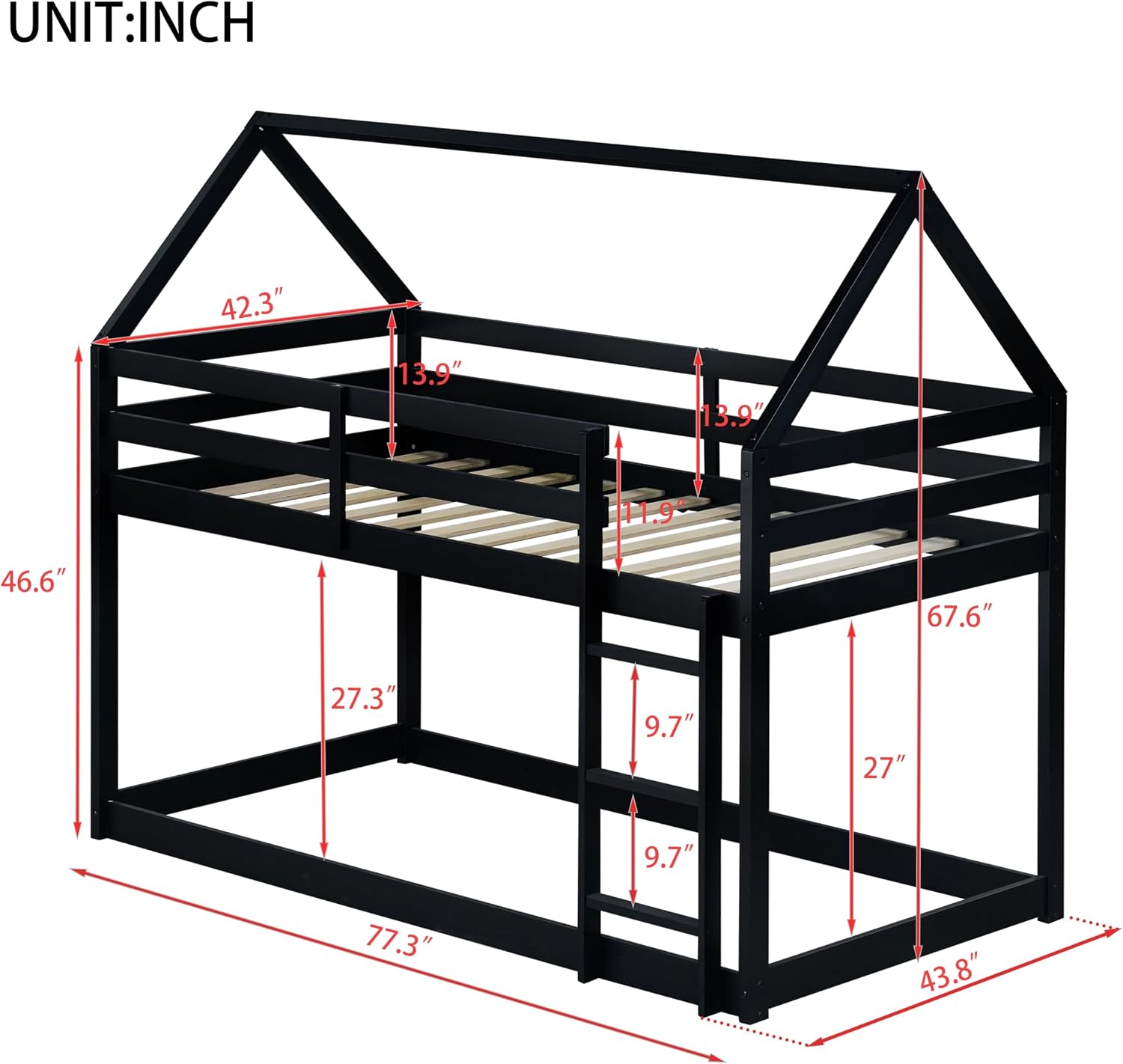 Bellemave Twin Over Twin Bunk Bed, Wooden House Bunk Bed with Ladder and Guardrail for Bedroom, Dormitory, Floor Bunk Beds with Headboard and Footboard for Kids, Teens, No Box Spring Needed, Black