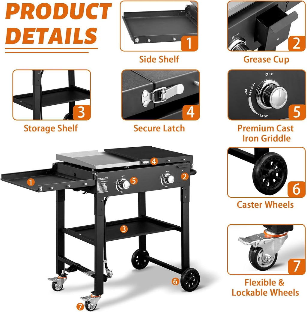 Foldable Flat Top Grill, Portable Outdoor Propane Griddle with 2 Foldable Shelves, 30000/45000/60000 BTU Gas Grill Griddle Cooking Station for BBQ & Outdoor Cooking, Black(2 Burner)