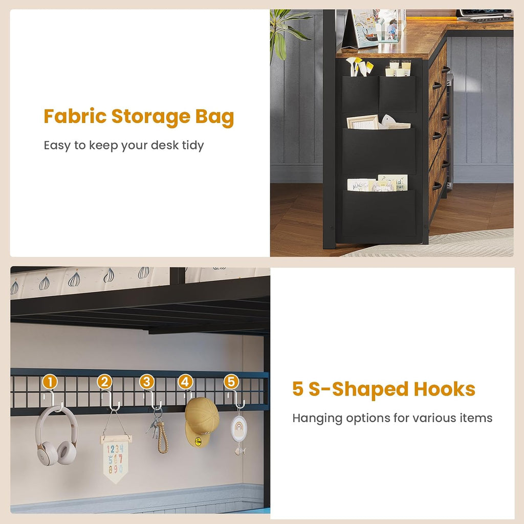 ADORNEVE Loft Bed Full Size with U-Shaped Desk, 6 Storage Drawers, Power Outlet, LED Metal Loft Bed with 2 Storage Shelves, Bed with Safety Guardrail & Ladders, No Box Spring Needed, Rustic Brown