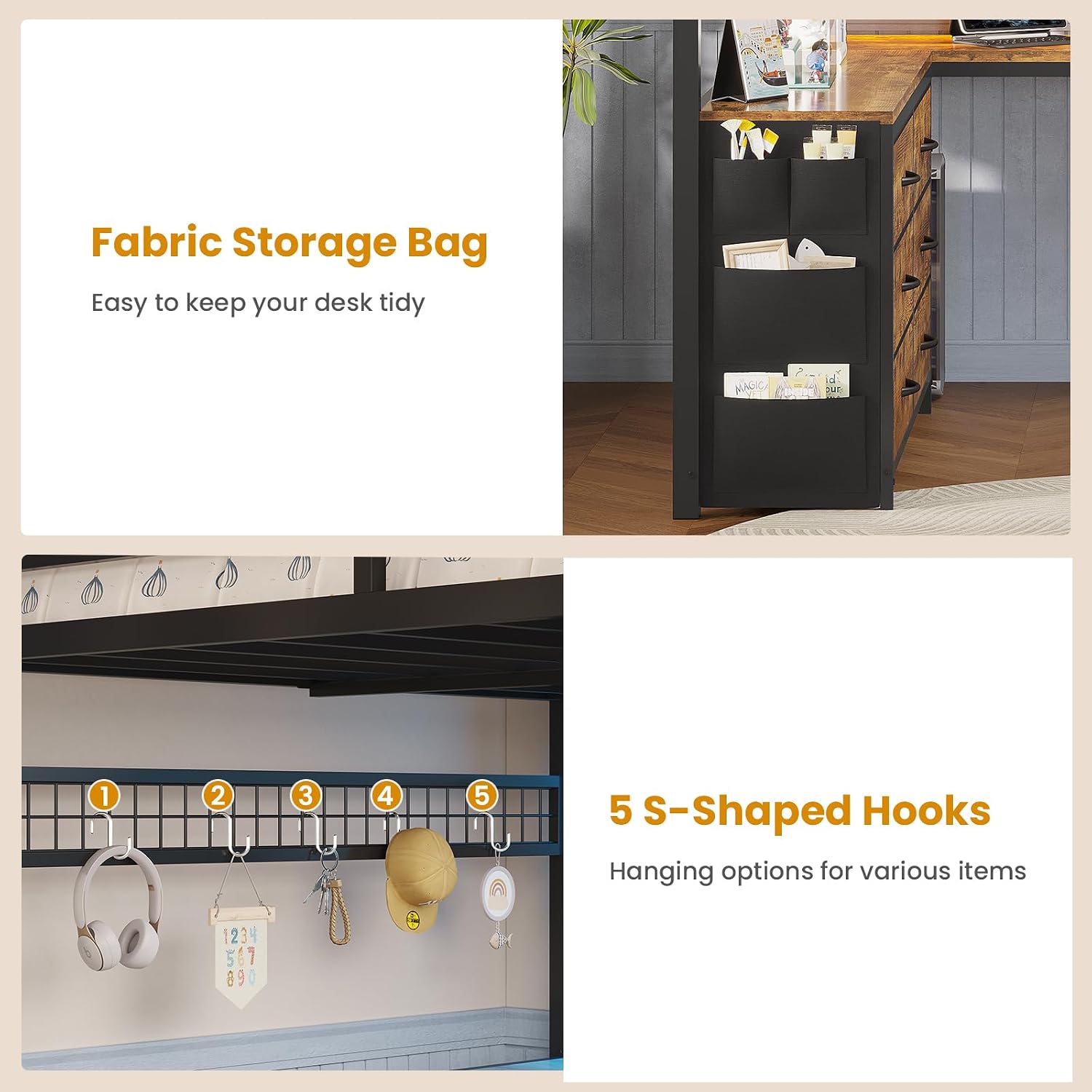 ADORNEVE Loft Bed Full Size with U-Shaped Desk, 6 Storage Drawers, Power Outlet, LED Metal Loft Bed with 2 Storage Shelves, Bed with Safety Guardrail & Ladders, No Box Spring Needed, Rustic Brown