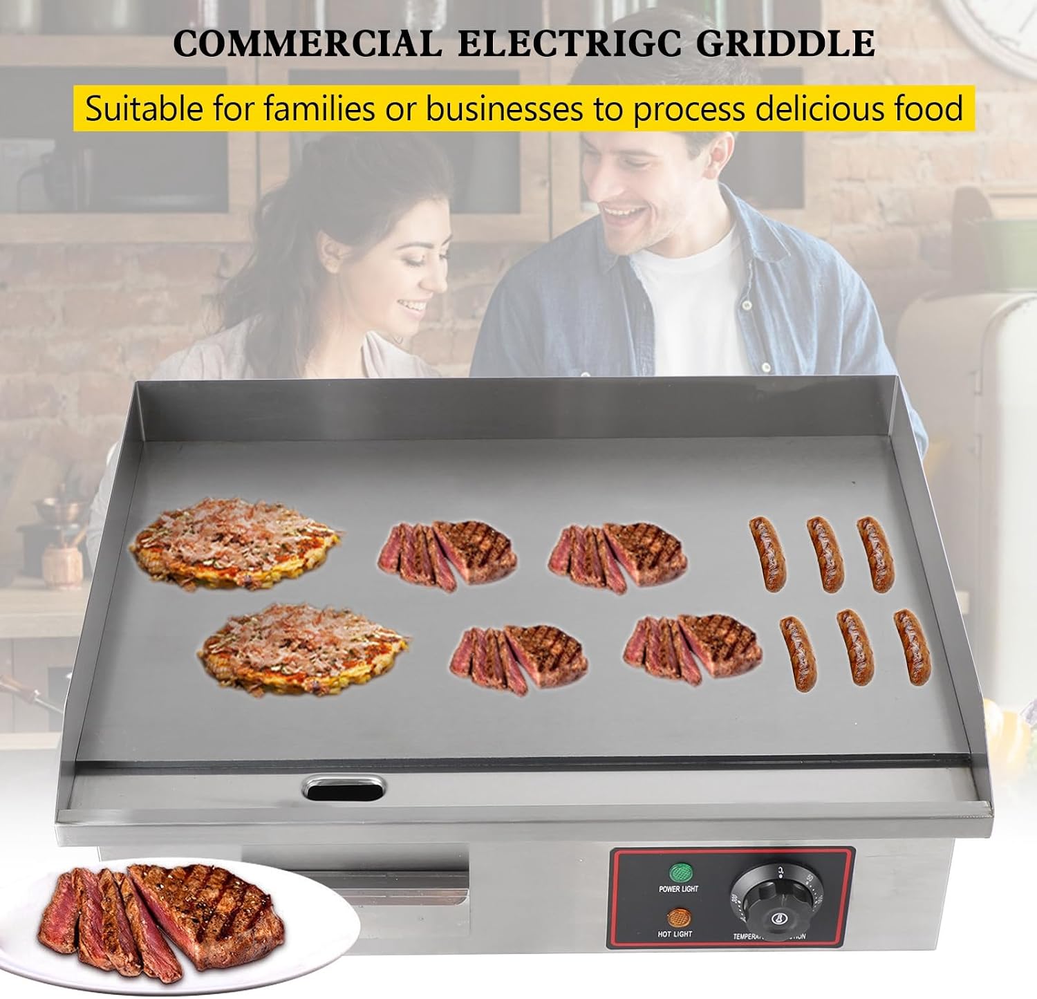 Topteng 22' Commercial Electric Griddle, Commercial Griddle Electric Flat Top Griddle Stainless Steel Countertop Griddle Grill 3000W with Drip Hole, 50-300℃ Griddle for Home Restaurants