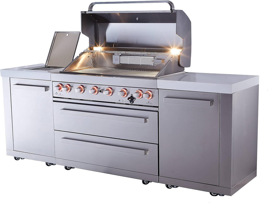 Mont Alpi Premium 94'W x 23'D x 46'H Stainless Steel Modular Outdoor Kitchen Island with Infrared Side Burner + 44'W 6-Burner BBQ Gas Grill + White Granite Countertops + Storage Cabinets & Drawers