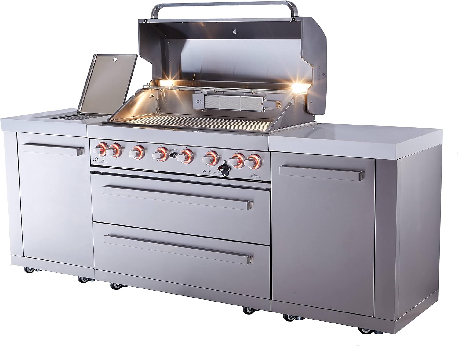 Mont Alpi Premium 94'W x 23'D x 46'H Stainless Steel Modular Outdoor Kitchen Island with Infrared Side Burner + 44'W 6-Burner BBQ Gas Grill + White Granite Countertops + Storage Cabinets & Drawers