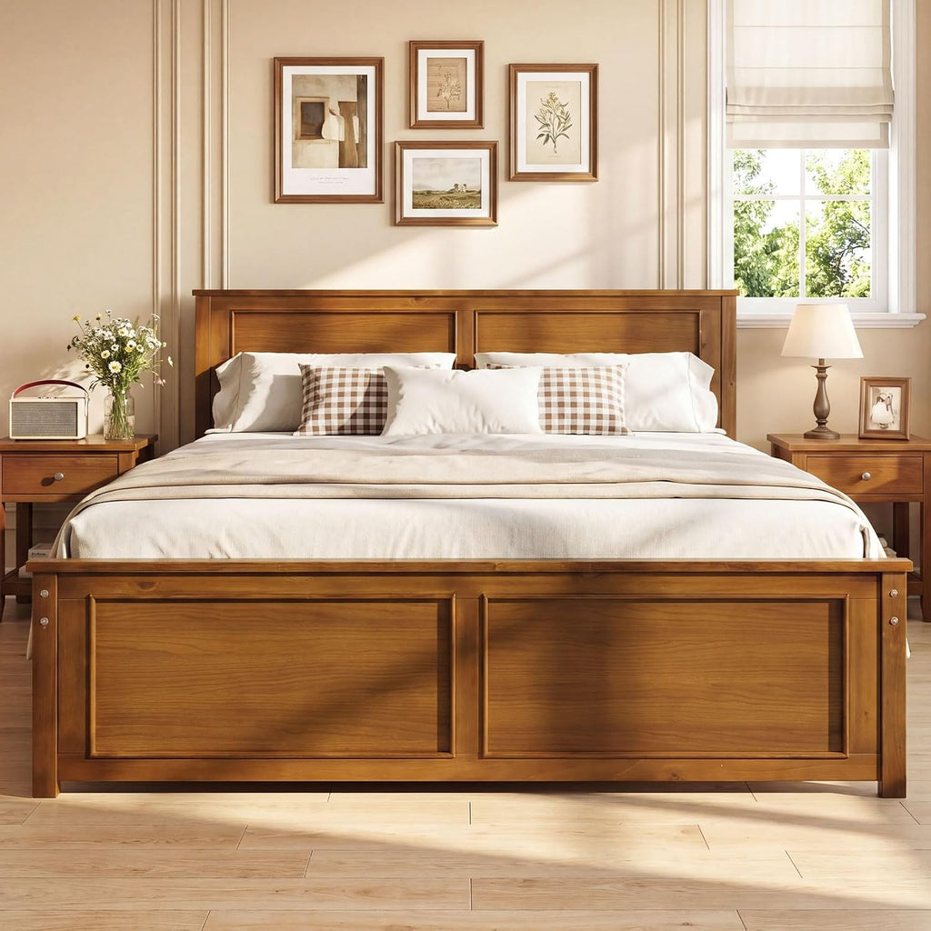 Giantex Wood Full Size Bed Frame with Headboard, Farmhouse Solid Platform Bed w/Wooden Slat Support Mattress Foundation, Under-Bed Storage, No Box Spring Needed, Walnut