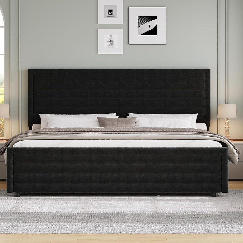 REVOMINCA King Size Bed Frame, King Platform Bed Frame with Velvet Upholstered Headboard, No Box Spring Needed, Easy Assembly, Black