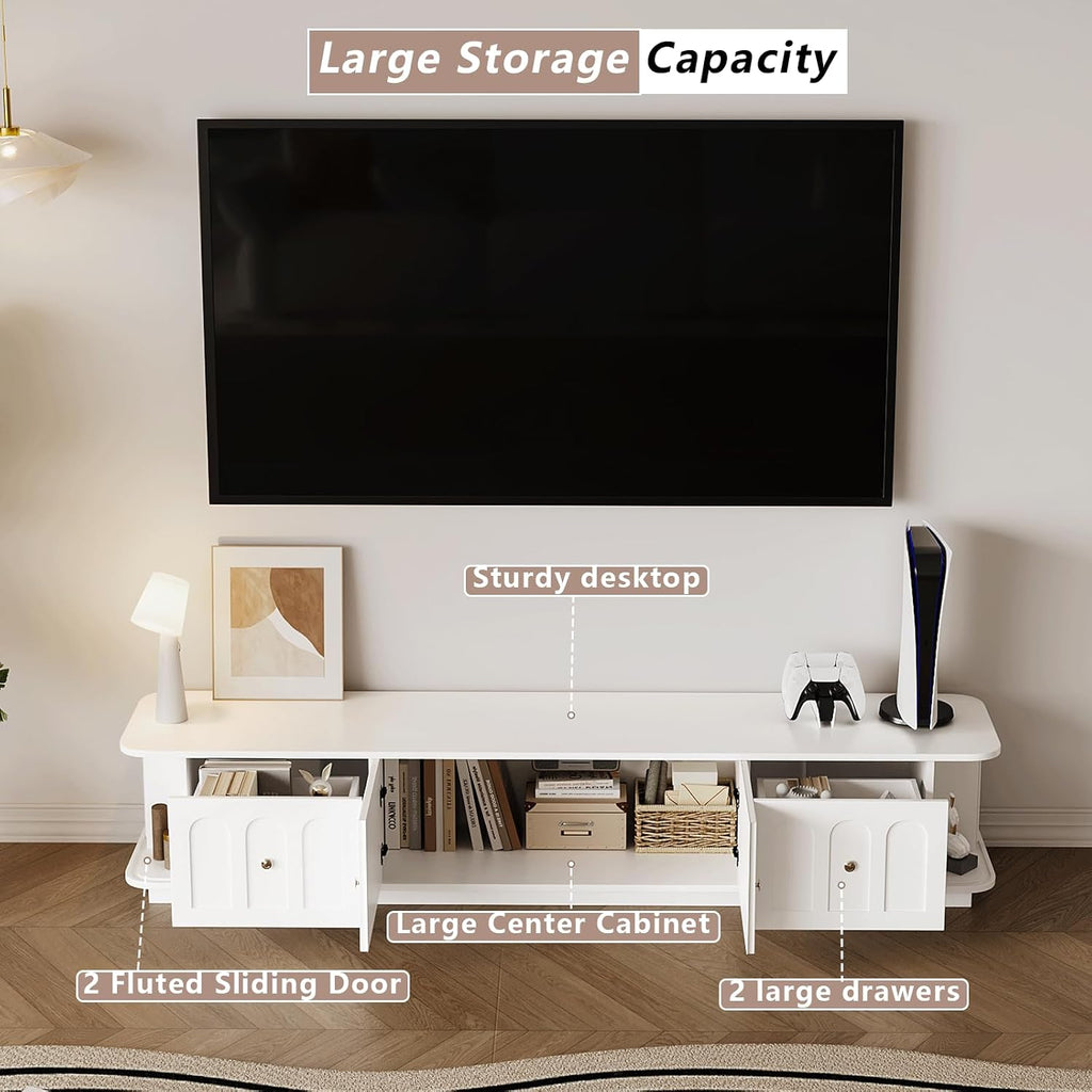 White TV Stand for 65/75/85 inch TVs, Modern Entertainment Center with Storage Cabinets, 2 Drawers & 2 Open Shelves with Sliding Doors, Media Console with Cable Management for Living Room/Bedroom