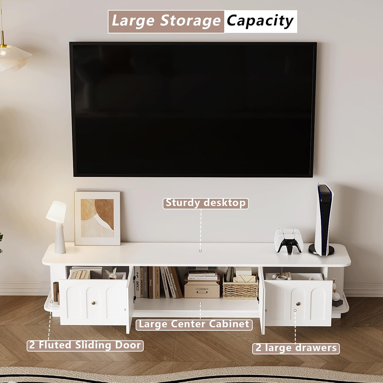 White TV Stand for 65/75/85 inch TVs, Modern Entertainment Center with Storage Cabinets, 2 Drawers & 2 Open Shelves with Sliding Doors, Media Console with Cable Management for Living Room/Bedroom