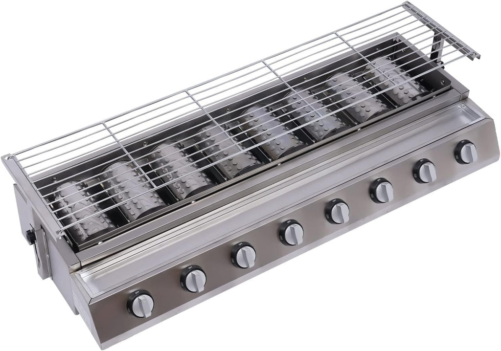 8 Burner BBQ Gas Grill, Stainless Steel LPG Propane Indoor Steak Grill Countertop Flat Top Griddle Tabletop Patio Garden Barbecue Grill with Removable Grill Net for Kitchen, Height Adjustable