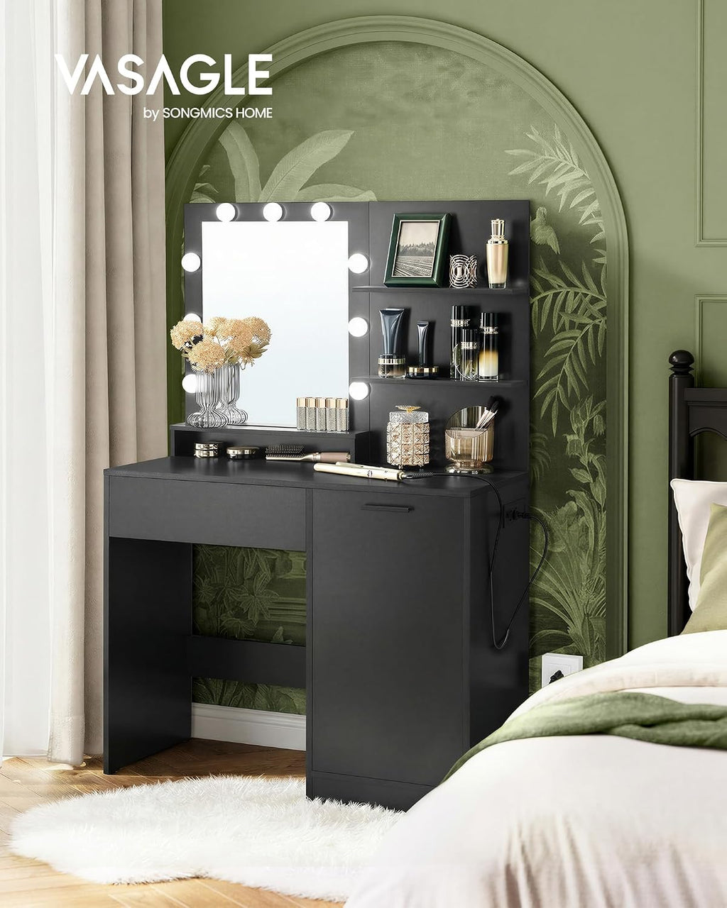 VASAGLE Kailyn Collection - Vanity Desk with Power Outlets and LED Lights, 35.4-Inch Wide Makeup Table with Mirror, Drawer and Cabinet, for Bedroom, Ink Black URDT128C01S