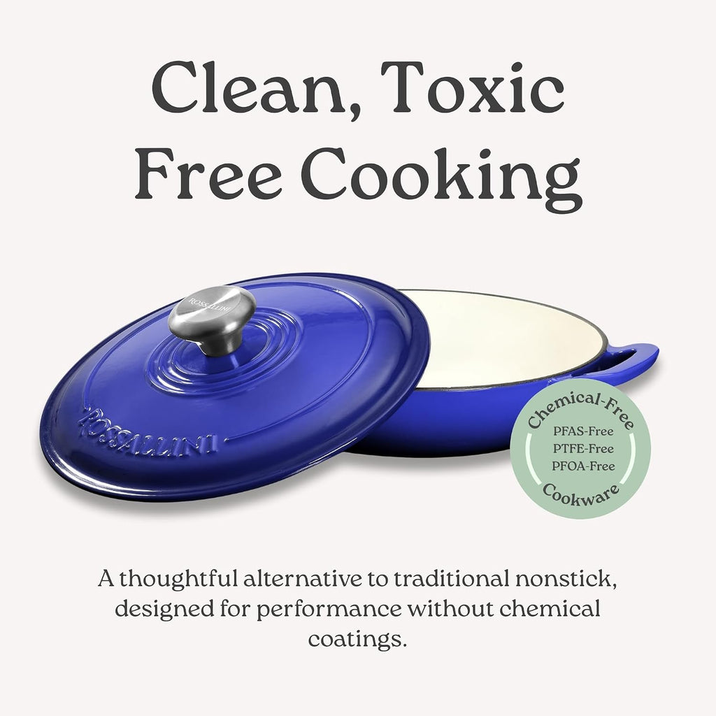 ROSSALLINI Signature Enameled Cast Iron Braiser, Non-Stick Serving Pot with Tight Fitting Lid for Perfect Roasting, Baking, Sauteing, Searing, and Pan Frying | 5Q (4.7L) - Indigo Blue