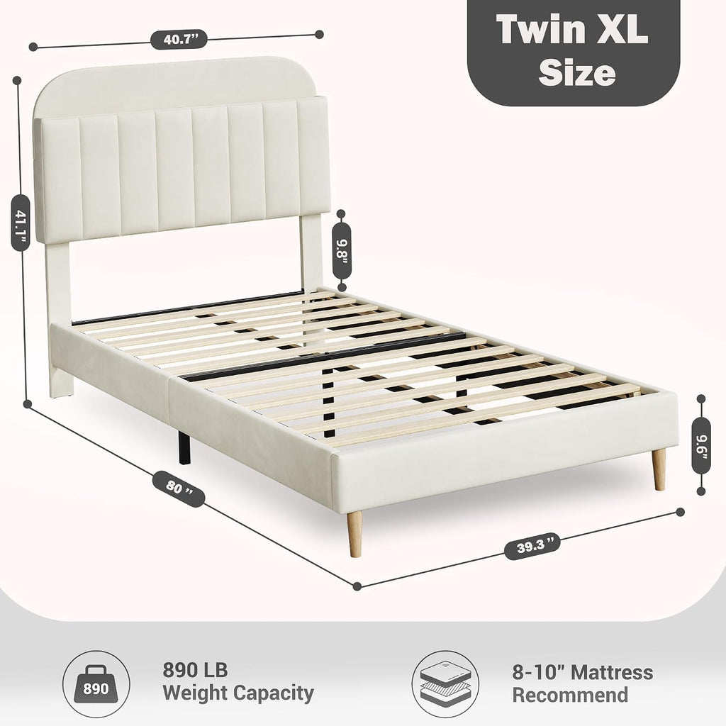 IDEALHOUSE Twin XL Bed Frames, Upholstered Platform Bed Frame with Bookcase Headboard, Velvet Platform Bed Mattress Foundation, Heavy Duty Steel Support Legs, Easy Assembly, Noise Free, Cream White