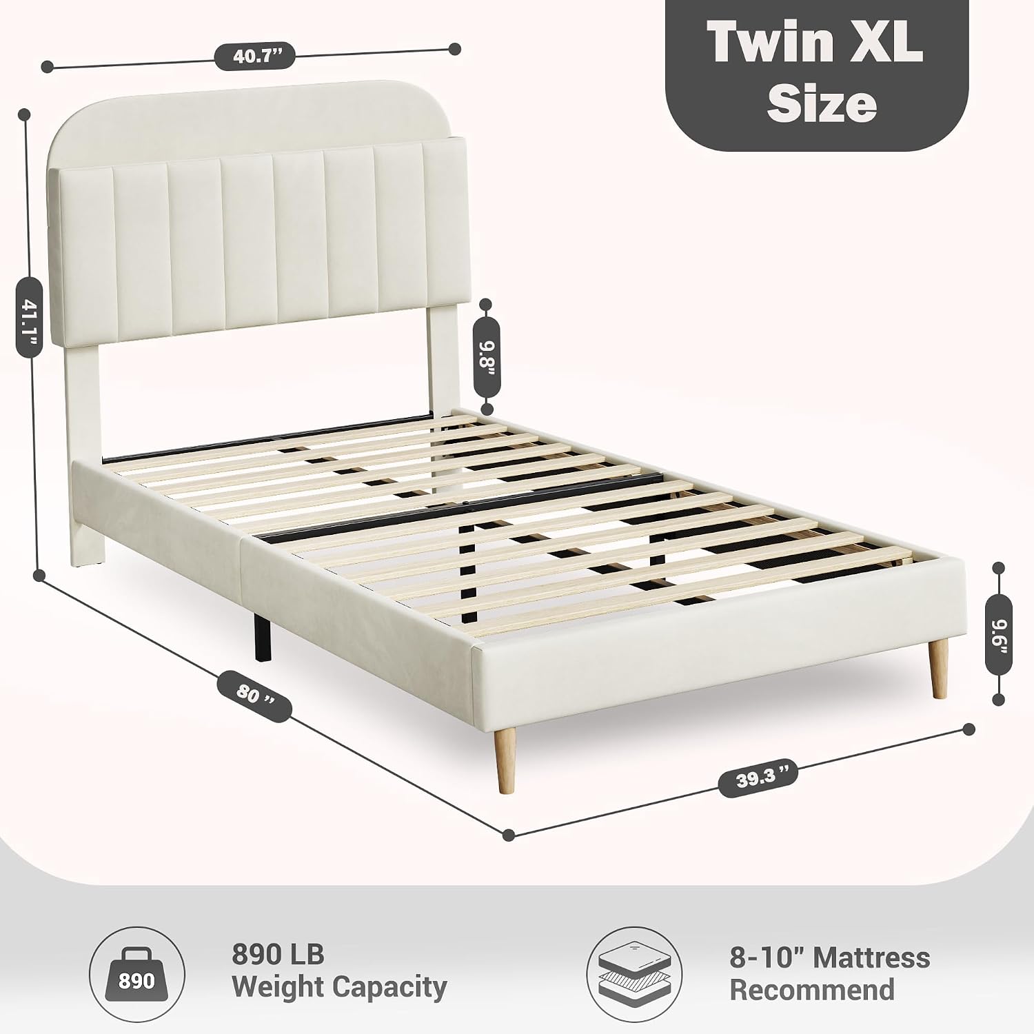 IDEALHOUSE Twin XL Bed Frames, Upholstered Platform Bed Frame with Bookcase Headboard, Velvet Platform Bed Mattress Foundation, Heavy Duty Steel Support Legs, Easy Assembly, Noise Free, Cream White