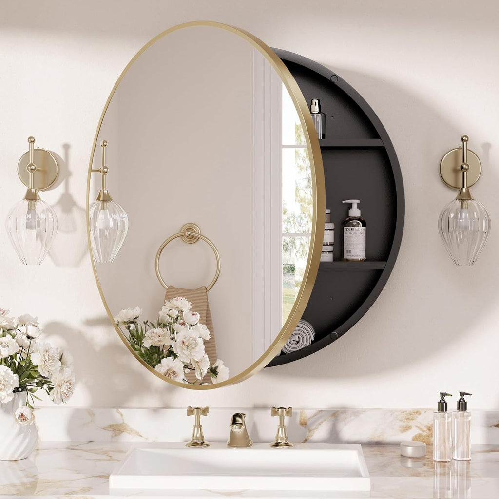 TETOTE Gold Round Bathroom Medicine Cabinet with Mirror 24 x 24 Metal Framed Medicine Cabinet with Storage Adjustable Shelves Farmhouse Wall Mirror with Storage Surface Mounted