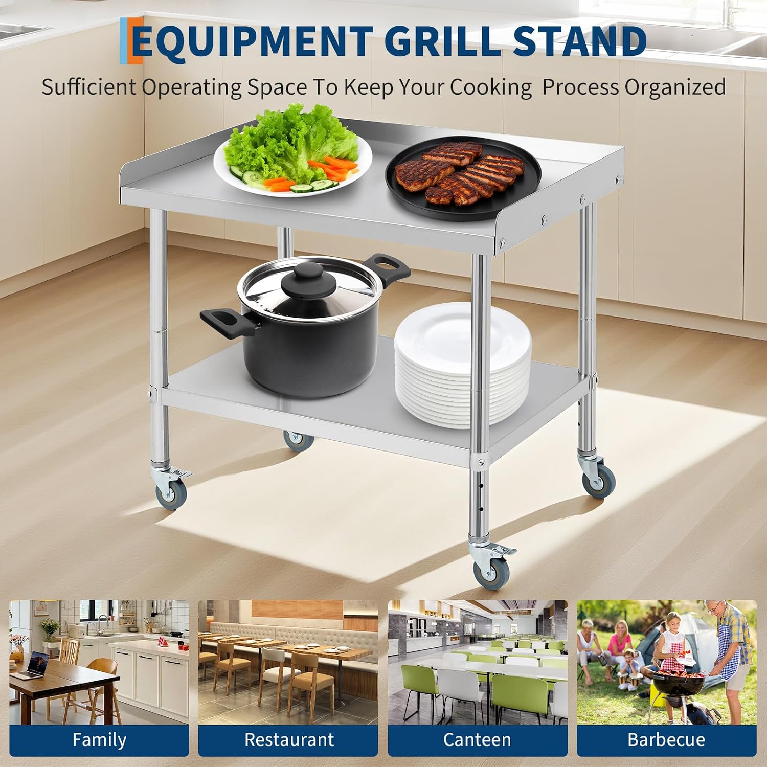 GarveeTech Stainless Steel Grill Stand Table - 36x30x30 Inches, 660 LBS Heavy-Duty Capacity, NSF Certified, with Movable Wheels & 2' Edge Baffle for Home, Commercial Restaurant Kitchen, Hotel