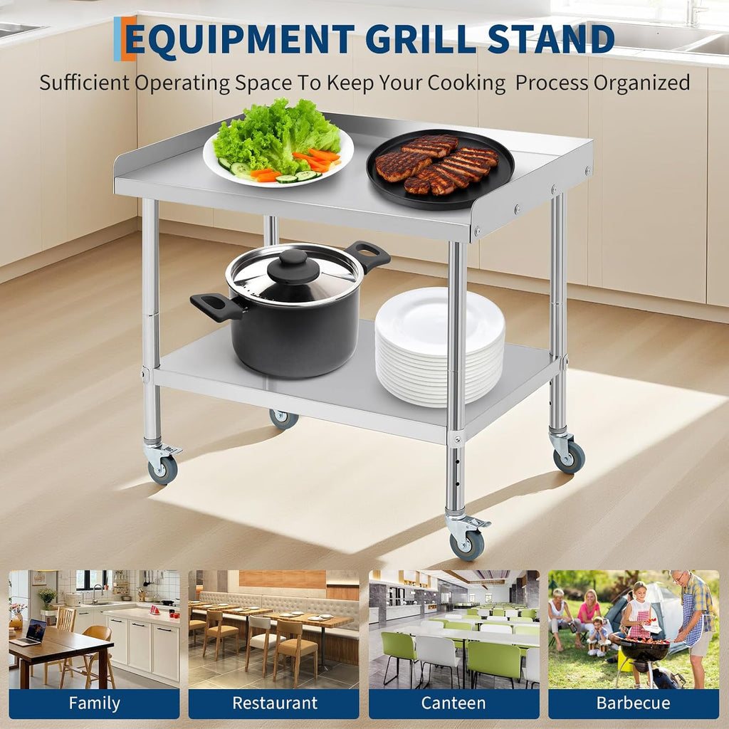 Equipment Grill Stand Table 36x30x30 Inch Stainless Steel NSF Certified 400 Lbs Capacity with Adjustable Legs, 2' Edge Baffle, for Hotel, Home, Commercial Restaurant Kitchen