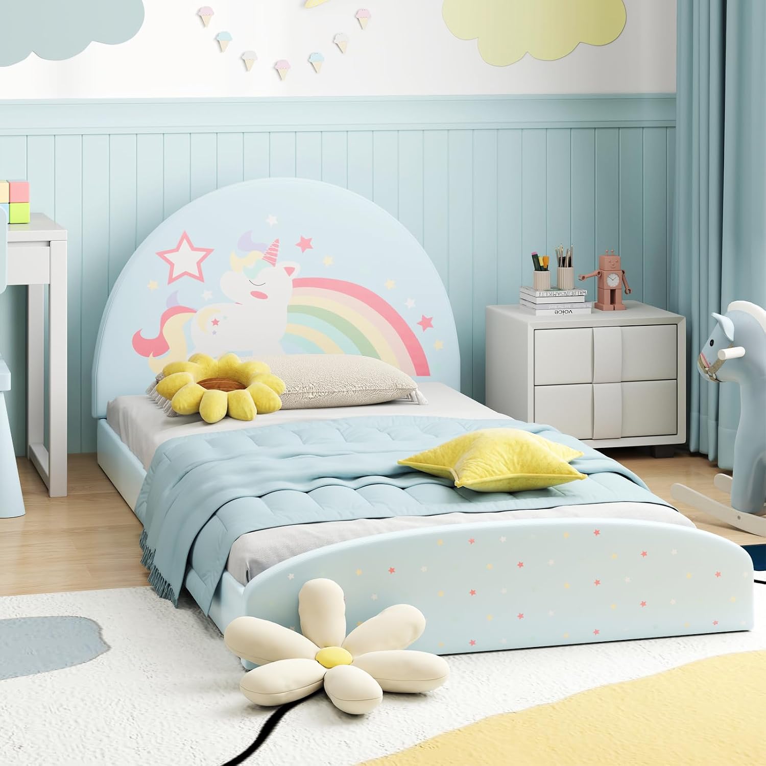 Costzon Twin Floor Bed Frame, Upholstered Kids Bed with 210D Oxford Cloth Floor Mat, Middle Support Slat & Padded Boards, Montessori Floor Bed for 3+ Kids (Blue Rainbow)