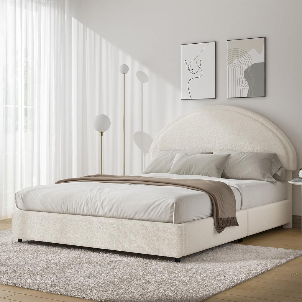 REVOMINCA Full Size Bed Frame with Round Headboard, Upholstered Platform Bed Frame, Boucle Soft Bed Frame, Modern Style, No Box Spring Required, Easy Assembly, White