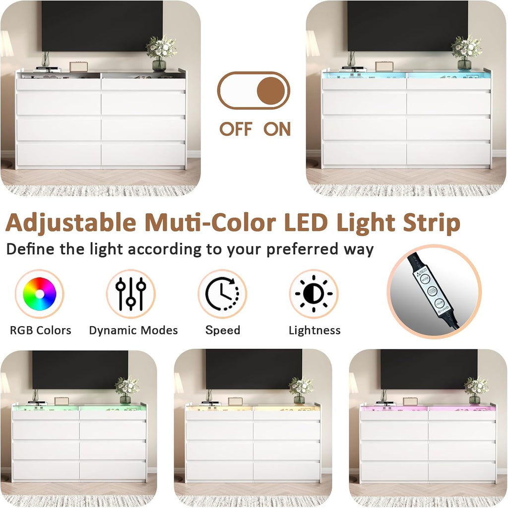 White 8 Drawer Dresser for Bedroom, Modern Chest of Drawers, Jewelry Dresser Display with Glass Top and LED Light, Dressers Organizer for Bedroom, Closet, Living Room