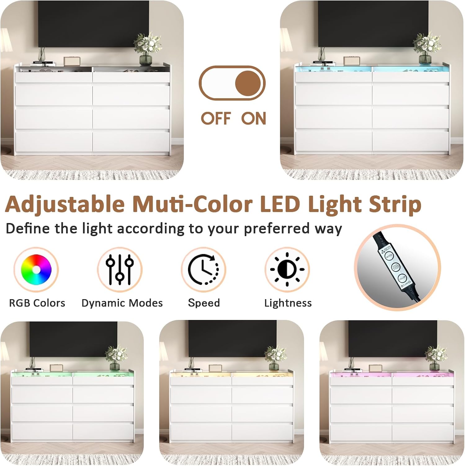 White 8 Drawer Dresser for Bedroom, Modern Chest of Drawers, Jewelry Dresser Display with Glass Top and LED Light, Dressers Organizer for Bedroom, Closet, Living Room