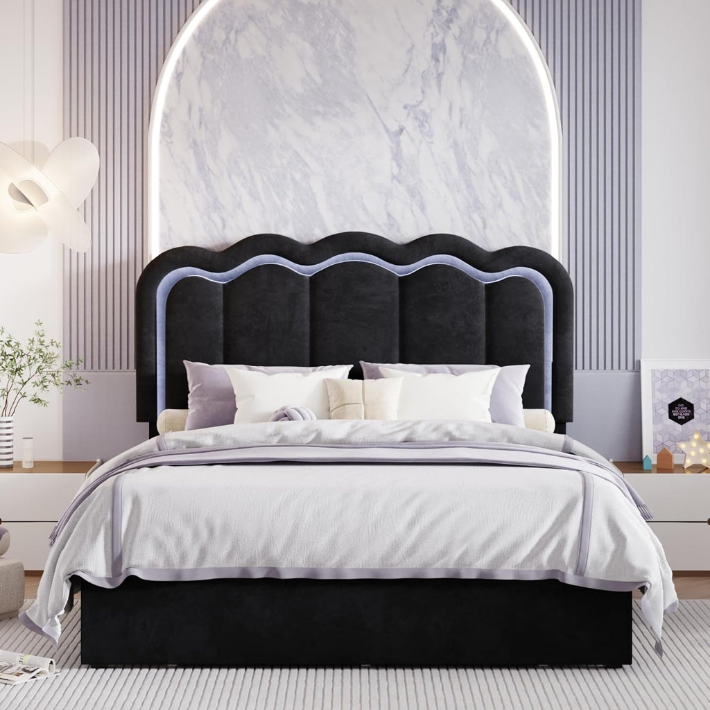 SHA CERLIN Upholstered Queen Size Bed Frame with LED Lights and Large Storage Drawer, Velvet Platform Bed with Adjustable Wavy Headboard, Noise Free, Easy Assembly, No Box Spring Needed, Soft Black