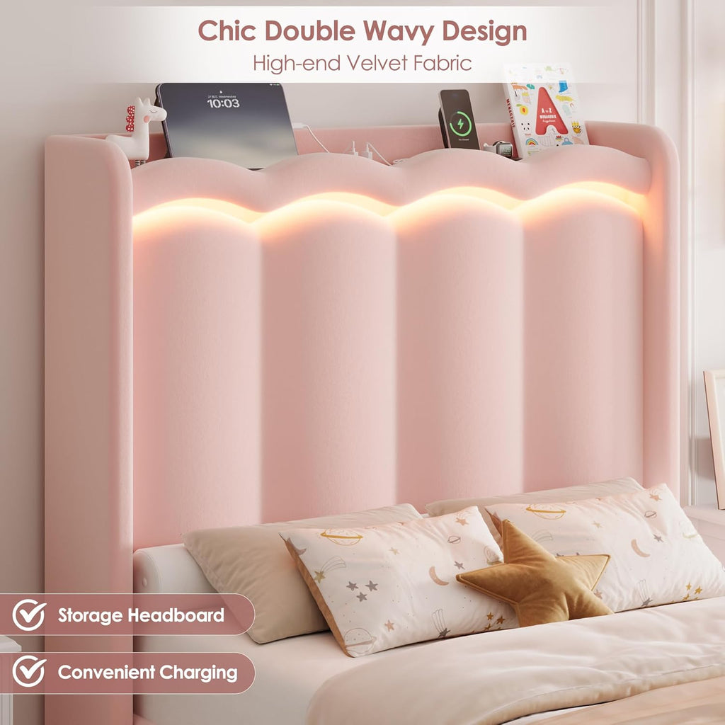HIFIT 2 Set Upholstered Twin Size LED Bed Frame with Storage Drawer and Charging Station, Velvet Princess Twin Bed for Kids, Girls Bed with Double Wavy Wingback Headboard and Solid Frame, Pink