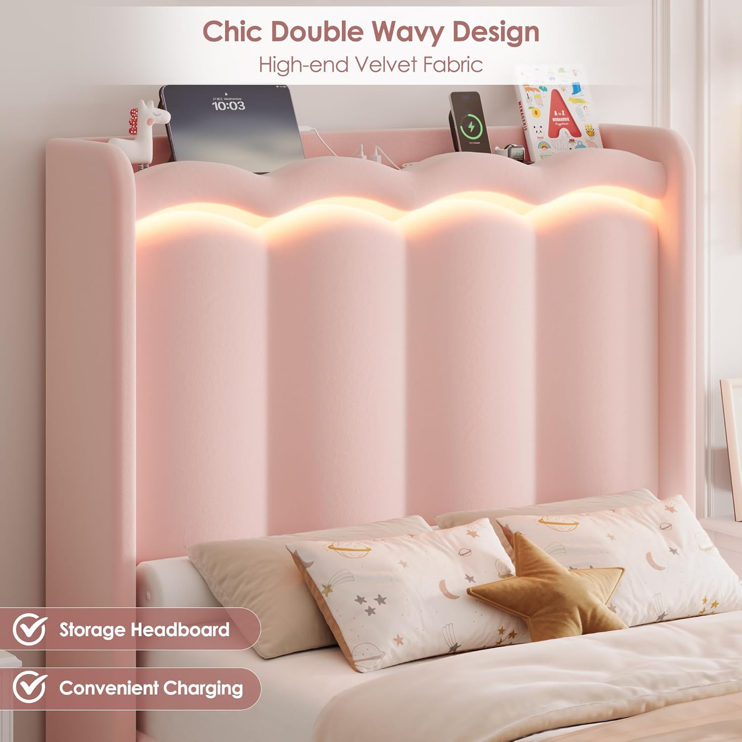 HIFIT 2 Set Upholstered Twin Size LED Bed Frame with Storage Drawer and Charging Station, Velvet Princess Twin Bed for Kids, Girls Bed with Double Wavy Wingback Headboard and Solid Frame, Pink
