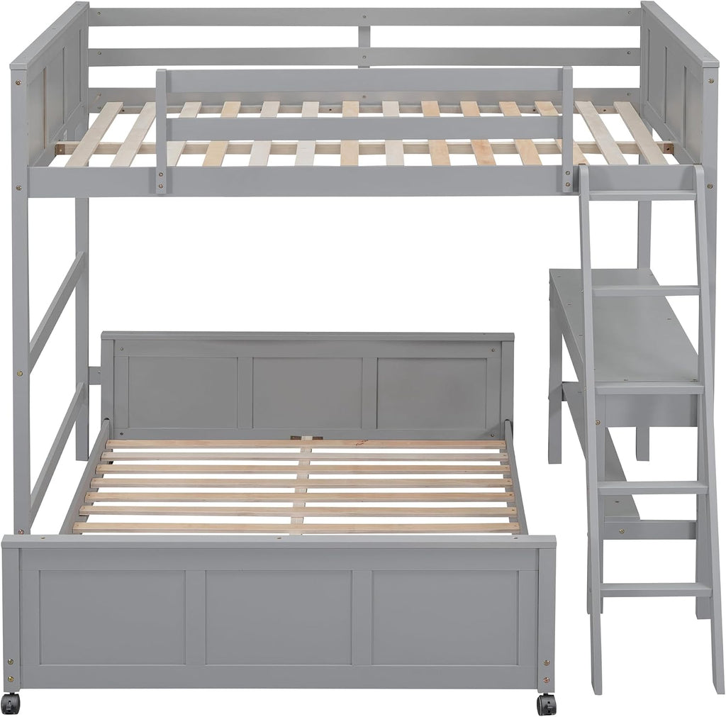 Ball & Cast Full Over Full Bunk Bed with Safty Guardrail & Stairway,Heavy Duty Wood Loft Bedframe W/Desk & Drawers,Easy Assembly,Versatile Functional Bedroom Furniture Set for Boy Girl Teens,Gray