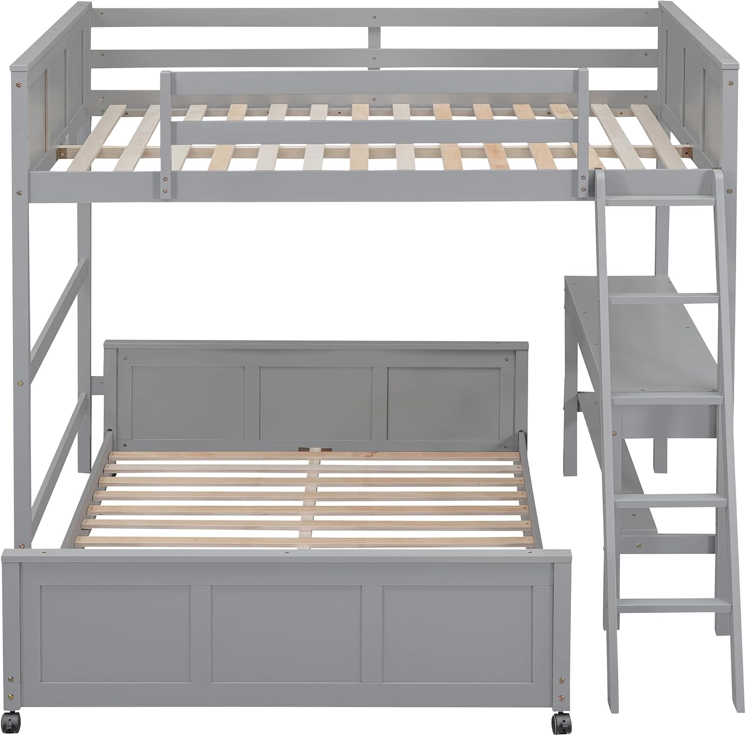 Ball & Cast Full Over Full Bunk Bed with Safty Guardrail & Stairway,Heavy Duty Wood Loft Bedframe W/Desk & Drawers,Easy Assembly,Versatile Functional Bedroom Furniture Set for Boy Girl Teens,Gray