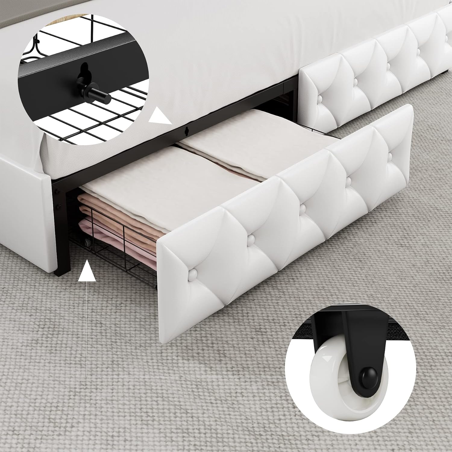 Keyluv Full Upholstered LED Bed Frame with 4 Drawers, PU Leather Platform Storage Bed with Adjustable Button Tufted Headboard and Solid Wooden Slats Support, No Box Spring Needed, White