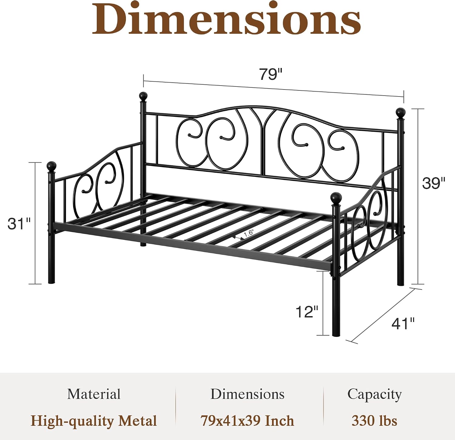 VECELO Metal Daybed Frame Multifunctional Platform Bed Sofa Mattress Foundation with Classic Headboard, Twin, Black