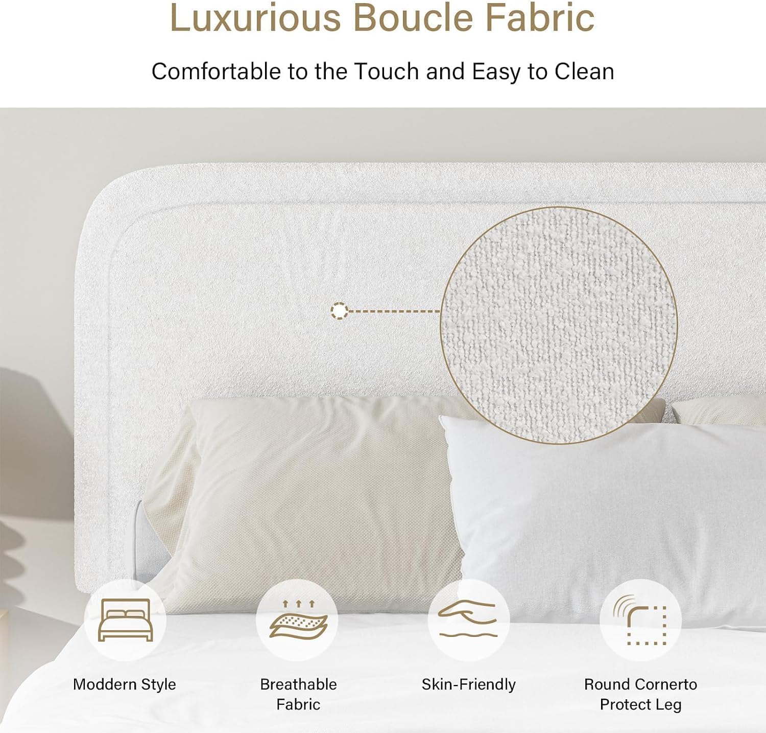 BarnFurin Queen Bed Frame with Headboard, Boucle Upholstered Platform Bed Frame, Luxurious Soft Rounded Corners, No Box Spring Required, Non-Slip and Noise-Free, Easy Assembly, White
