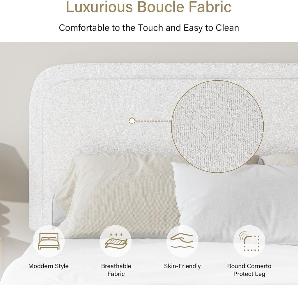 BarnFurin Boucle Upholstered California King Bed Frame/Soft Rounded Corners Headboard/Low Profile Bed Frame/No Box Spring Needed/Non-Slip and Noise-Free/White