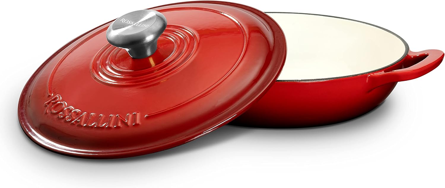 ROSSALLINI Signature Enameled Cast Iron Braiser, Non-Stick Serving Pot with Tight Fitting Lid for Perfect Roasting, Baking, Sauteing, Searing, and Pan Frying | 2.25Q (2.1L) - Red