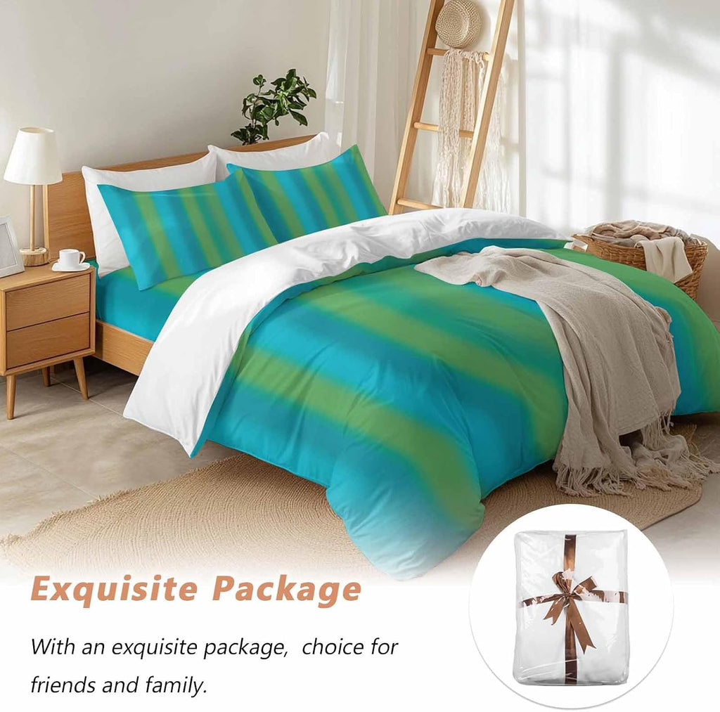 Blue Green Gradient Duvet Cover Set Queen Size 4 Pieces Color Striped Ombre Modern Minimalist Art Bedding Set with Zipper Closure, 1 Comforter Cover 90x92 Inches 1 Flat Sheet & 2 Pillow Cases