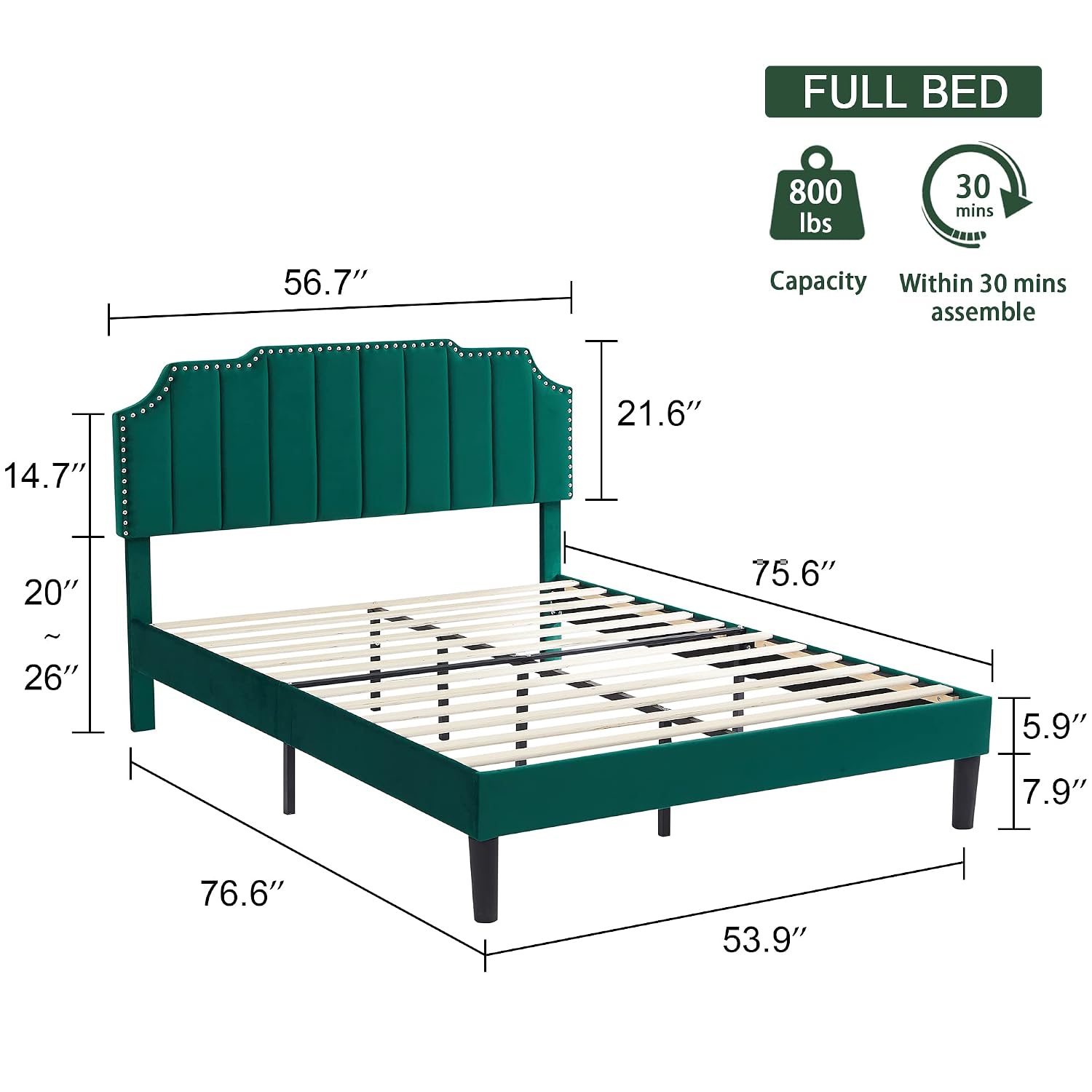 VECELO Upholstered Platform Full Bed Frame with Tufted Adjustable Headboard/Mattress Foundation/Wood Slat Support,Easy Assembly,Dark Green