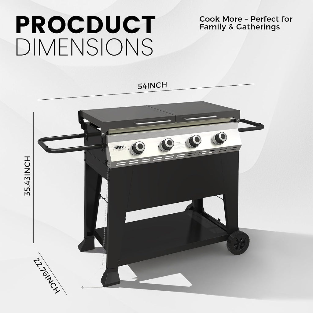 3-Burner Propane Grill, 34,000 BTU Outdoor Flat Top Propane Gas Griddle Grill with 540 Sq In Cooking Area, Rolling Wheels, Folding Side Shelves & Cover for Camping, Backyard BBQ (4 Burner)